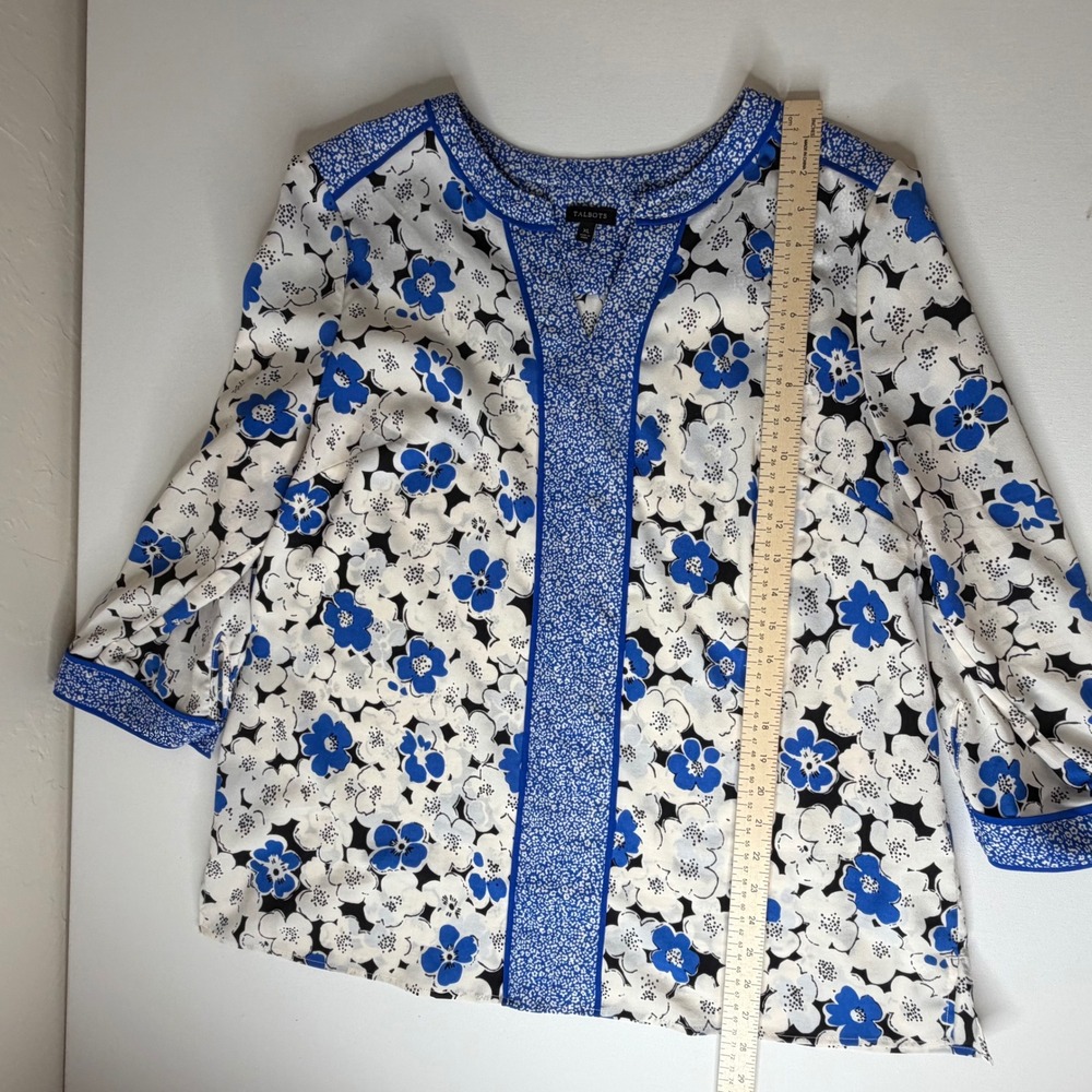 Talbots Blue Floral Blouse Large Lightweight Boho Office Mixed Print Preppy - Picture 6 of 7